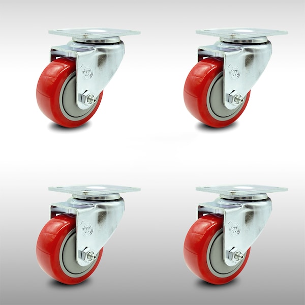 Service Caster 3 Inch SS Red Polyurethane Wheel Swivel Top Plate Caster Set SCC-SS20S314-PPUB-RED-4 - main